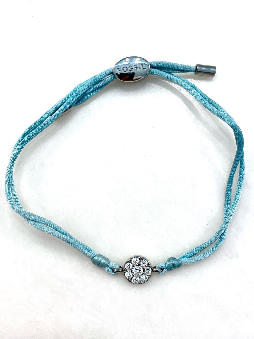 Fossil Turquoise Blue Cord Adjustable Bracelet Silver Pave Crystal Disc Charm